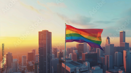 Photorealistic Gay Pride Flag Waving in the Wind Above a Modern Cityscape at Sunrise, Symbolizing LGBTQ+ Pride and Equality