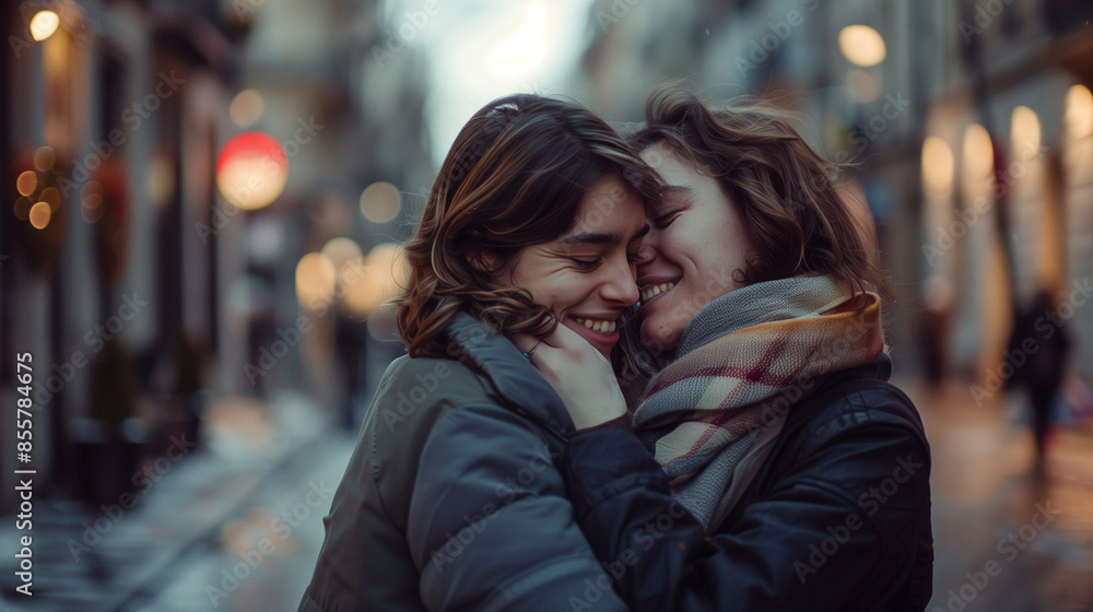 Street Scene with Two Women Embracing in Warm Clothing, Capturing the Warmth of Love and Affection Amidst a Cold City Backdrop Street Scene with Two Women Embracing in Warm Clothing, Capturing the Warmth of Love and Affection Amidst a Cold City Backdrop