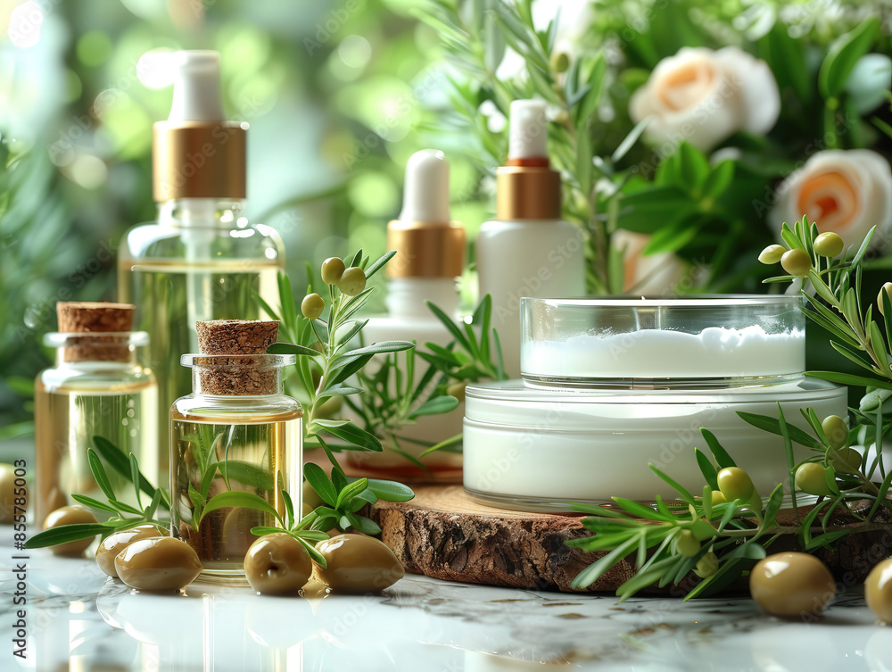 Olive oil based skincare set, including lotion, cream, serum, placed marble counter fresh olives Olive oil based skincare set, including lotion, cream, serum, placed marble counter fresh olives