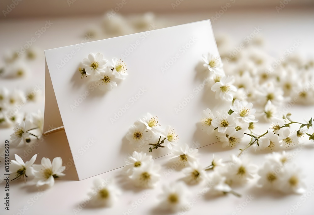 A blank white card or paper surrounded by delicate white flowers on a soft, light background A blank white card or paper surrounded by delicate white flowers on a soft, light background