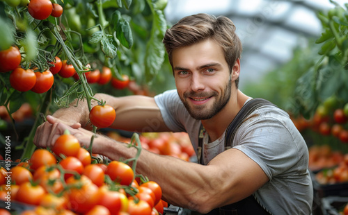 Farmer picking fresh tomatoes his hothouse. Attractive male working greenhouse. Agriculture harvest © liubovyashkir