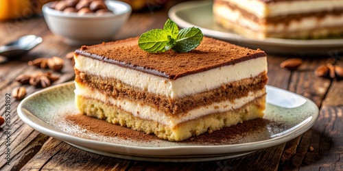 Tiramisu, traditional Italian dessert on rustic wooden background 