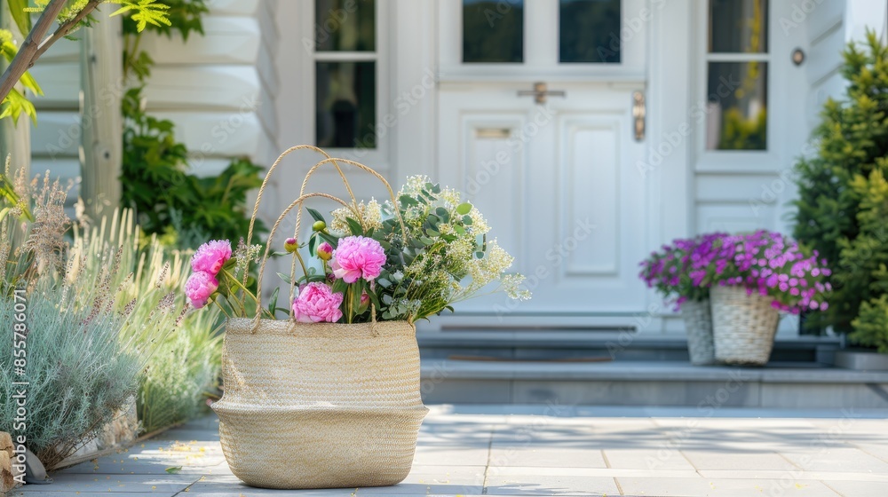 a straw bag adorned with peonies and eucalyptus placed gracefully on the street against an old white door, with a blurred background. a straw bag adorned with peonies and eucalyptus placed gracefully on the street against an old white door, with a blurred background.