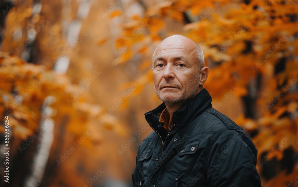 A man wearing a black jacket stands in front of a tree with orange leaves. He looks serious and focused A man wearing a black jacket stands in front of a tree with orange leaves. He looks serious and focused