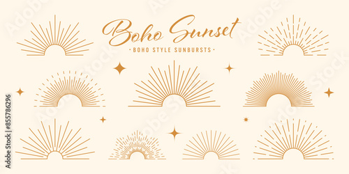 Vintage sunburst, sunset beams, half circle sunrise. Boho style, modern minimalist bohemian design. Hand drawn bursting sun, light rays. Lettering design element in retro style. Vector illustration