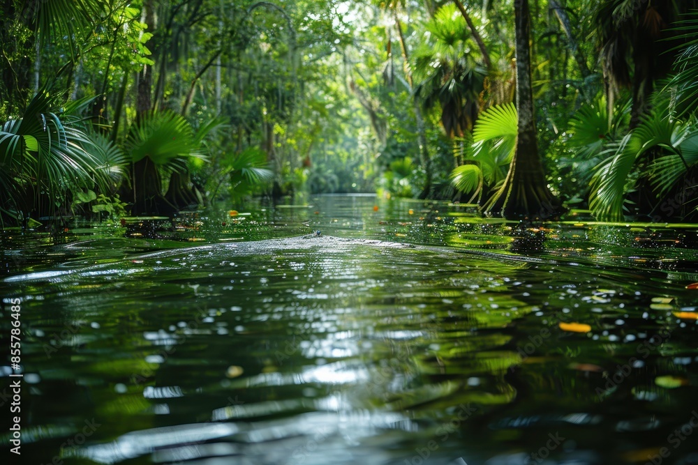 Obraz premium A peaceful wetland area with diverse bird species, amphibians, and plant life, highlighting the importance of wetland conservation. 