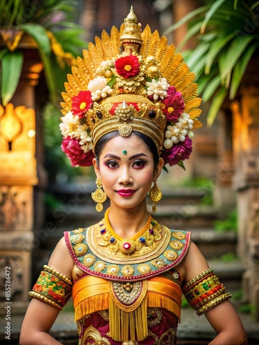 Balinese woman wearing Balinese clothes called kebaya and batik. Ai generated  photo