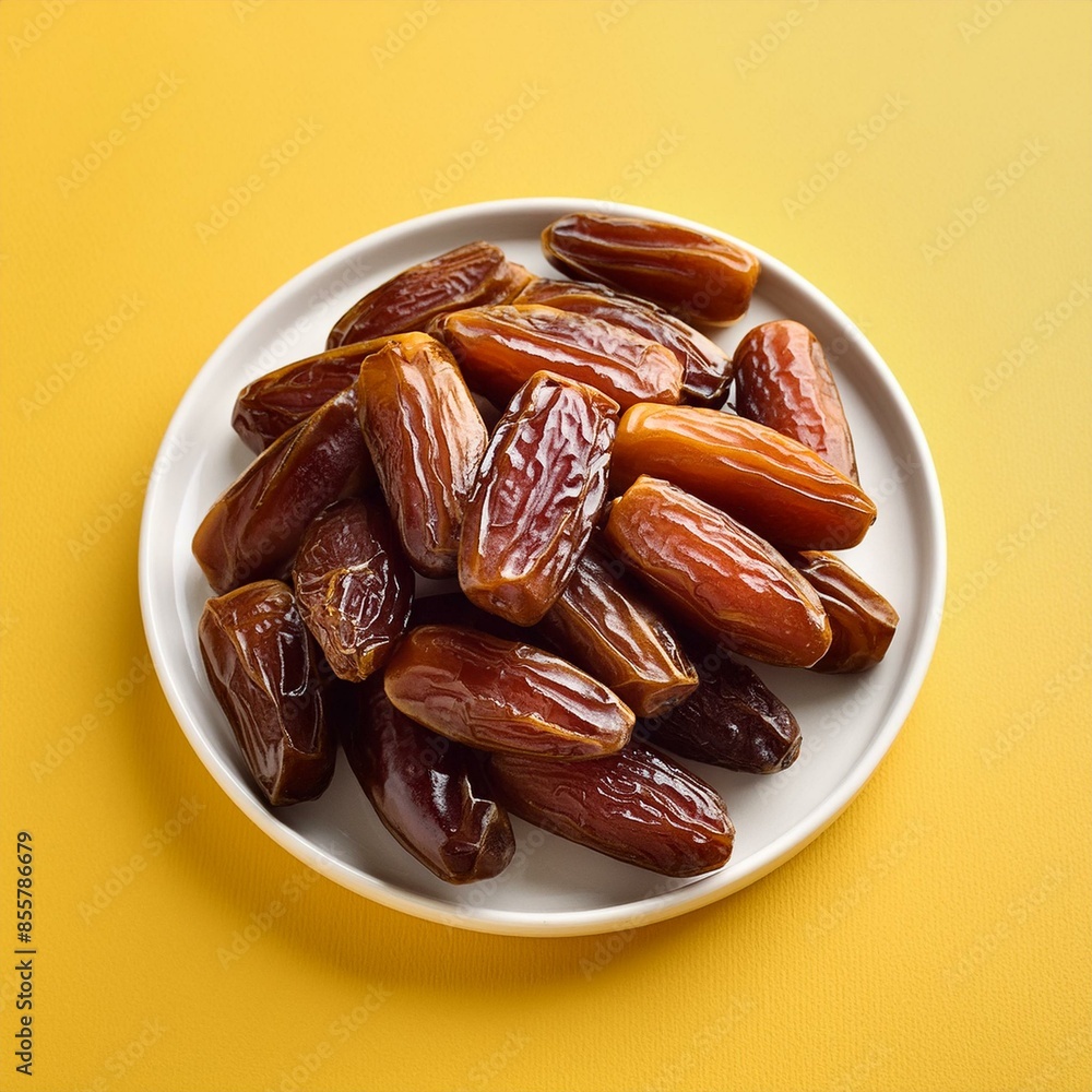 Dried dates fruits on yellow background Dried dates fruits on yellow background