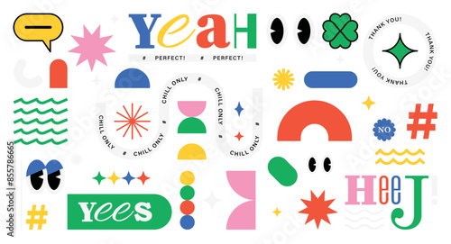 Groovy circle oval rectangle arch eyes typography, sticker shapes, abstract geometric shapes, brutalism aesthetic style flat vector illustration on background.
