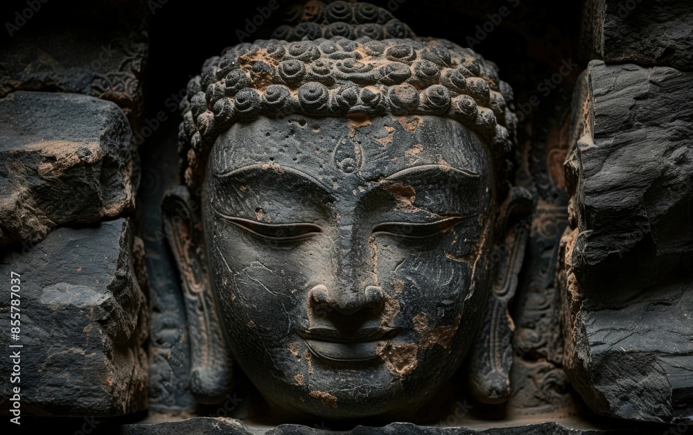A black statue of a face with a small hole in the middle of it. The face is very detailed and has a serene expression A black statue of a face with a small hole in the middle of it. The face is very detailed and has a serene expression