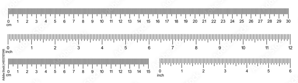 Measuring charts with 30 centimeters, 12 inches. Horizontal scale with 6 inch and 15 centimeter markup and numbers. Rulers Inch and metric rulers template. Measuring charts with 30 centimeters, 12 inches. Horizontal scale with 6 inch and 15 centimeter markup and numbers. Rulers Inch and metric rulers template.
