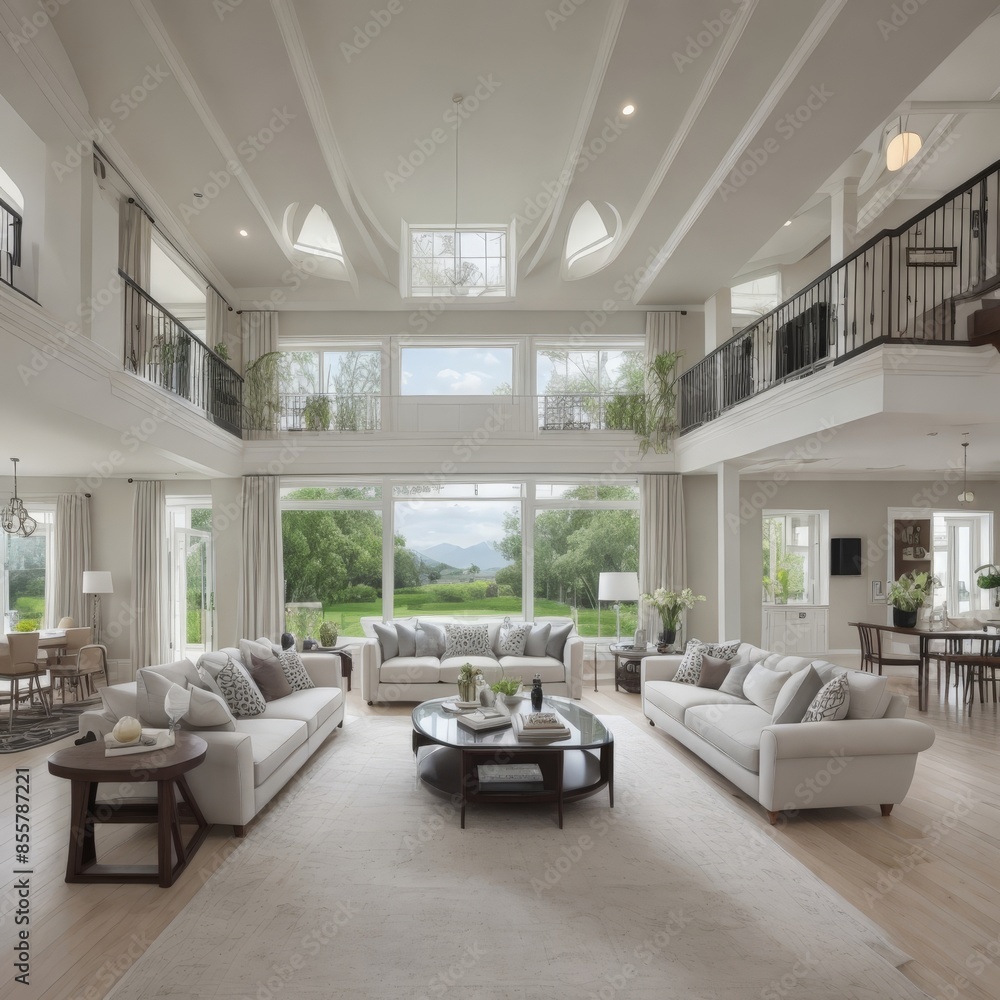 Fototapeta premium Luxury living room interior with panoramic view of the city