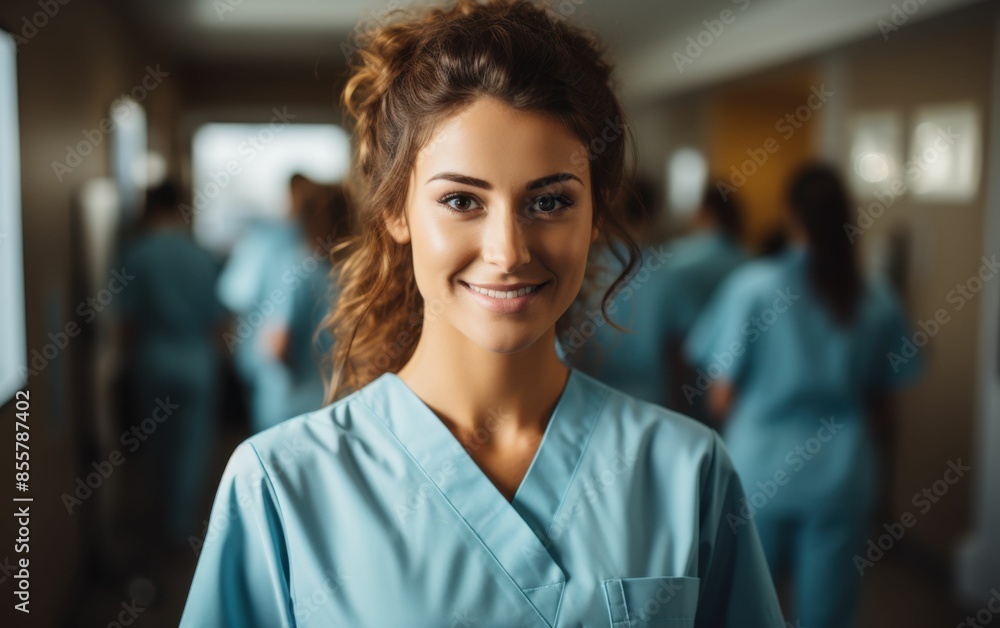 A woman in a blue scrubs is smiling and posing for a picture. She is surrounded by other people in blue scrubs A woman in a blue scrubs is smiling and posing for a picture. She is surrounded by other people in blue scrubs
