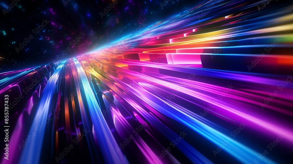 Abstract Neon Cubes and Light Trails Converging into a Bright Center, Forming a High-Speed Digital Journey. Generative AI