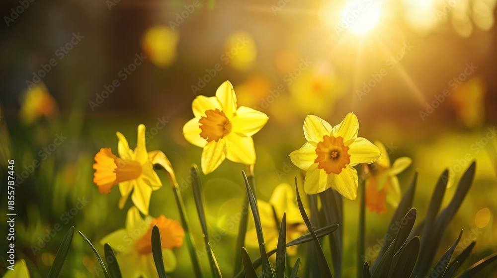 Obraz premium Dazzling Yellow Daffodils in the morning sun A beautiful spring scene