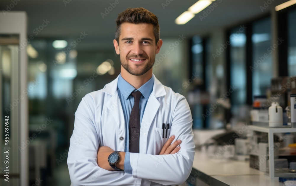 Obraz premium A man in a white lab coat and blue shirt is smiling and posing for a picture. He is wearing a watch and a tie