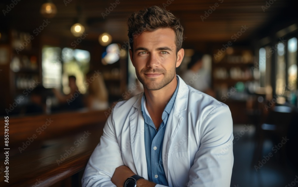 A man in a white lab coat is smiling at the camera. He is sitting at a bar with a few other people in the background A man in a white lab coat is smiling at the camera. He is sitting at a bar with a few other people in the background