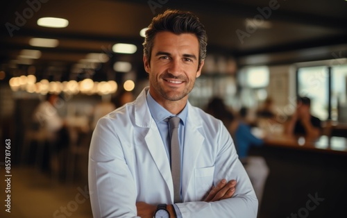 A man in a white lab coat is smiling and posing for a picture. He is wearing a blue tie and has his arms crossed. Concept of professionalism and confidence