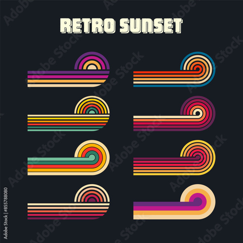 Vintage sunset collection. Various colorful striped sunrise badges in 80s and 90s style. Sun and ocean view, summer vibes, surfing. Design element for print, logo or t-shirt. Vector illustration