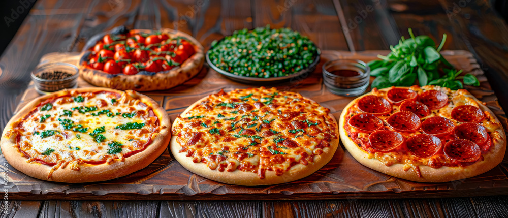 Fototapeta premium Different types of artisan pizzas displayed on wooden table, mix of fresh ingredients