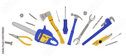 Repair tools set. House construction equipment. Doodle style drawing. Building instruments screwdriver saw and hammer. Renovation industry. Vector cartoon flat isolated contemporary style illustration