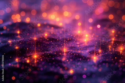 A purple background with many bright orange lights scattered throughout