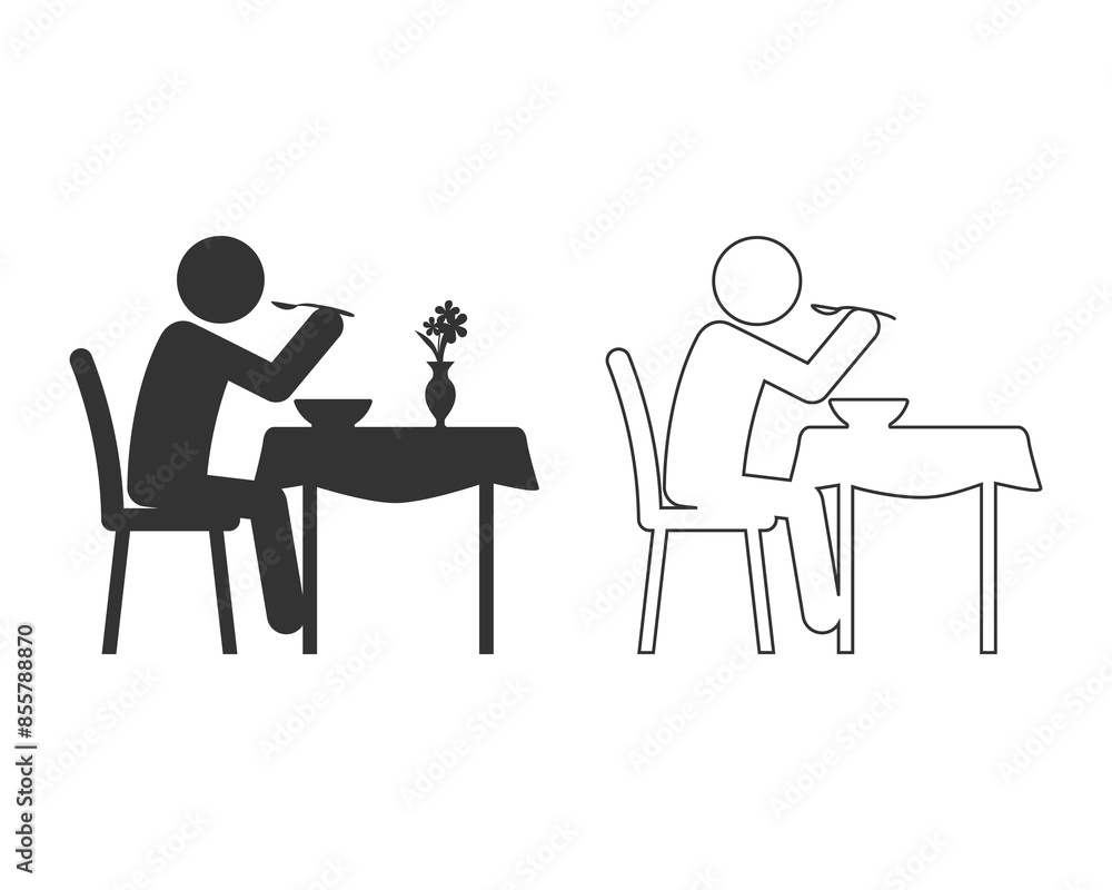 Human silhouette sits at dining table in restaurant line icon vector sign Human silhouette sits at dining table in restaurant line icon vector sign
