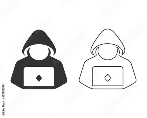 Computer hacker with laptop line icon, Spy agent searching sign, symbol, logo, illustration, editable stroke, flat design style isolated
