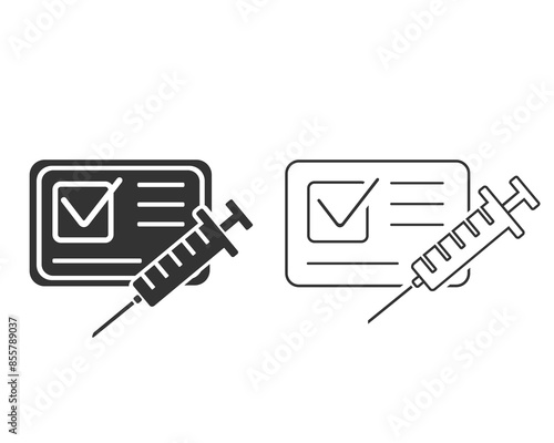 Vaccine passport line icon, vaccination certificate against covid-19 with check mark, vector