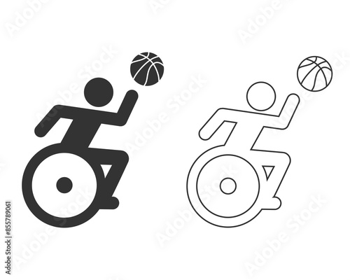 Wheelchair athlete playing basketball flat vector line icon for sports apps and websites