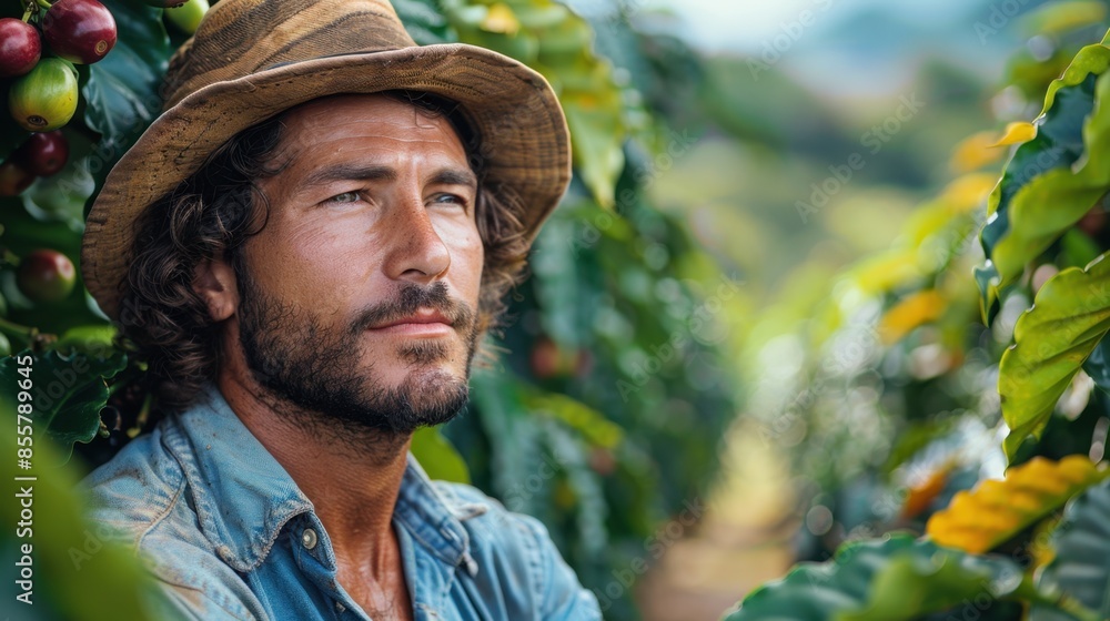 Man with beard and hat standing among coffee plants in a coffee plantation Man with beard and hat standing among coffee plants in a coffee plantation