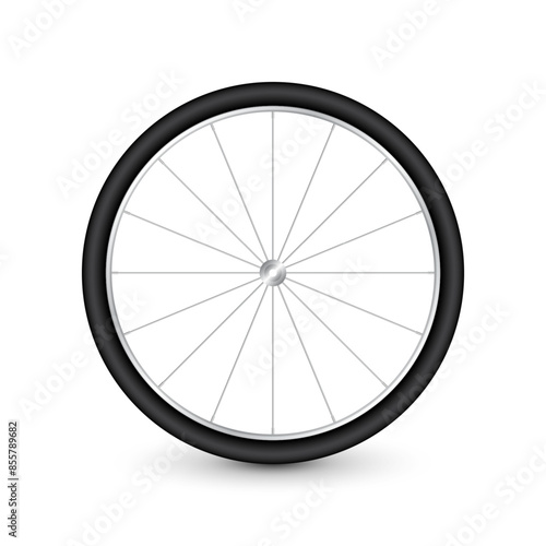 Realistic 3d bicycle wheel. Bike rubber tire, shiny metal spokes and rim. Fitness cycle, touring, sport, road and mountain bike. Vector illustration
