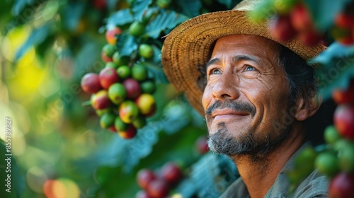 Portrait of a mature man harvesting coffee beans in a coffee plantation