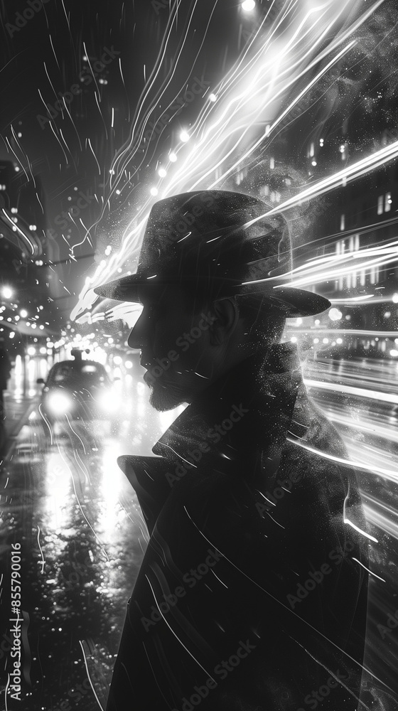 silhouette of a person in the Fast blurred city background silhouette of a person in the Fast blurred city background