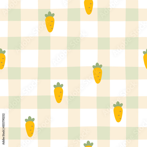 Gingham seamless vector pattern with kawaii carrots. Tartan check for tablecloths, napkins, clothes, packaging, for the Easter holiday. Cozy cute childish background in a pastel palette