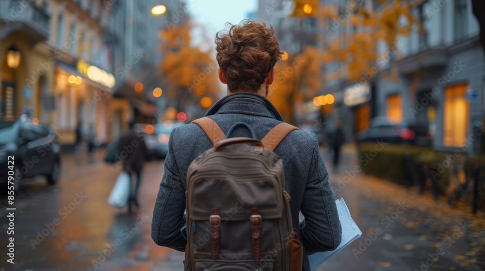 Back view of a young man with a backpack walking in the city Back view of a young man with a backpack walking in the city