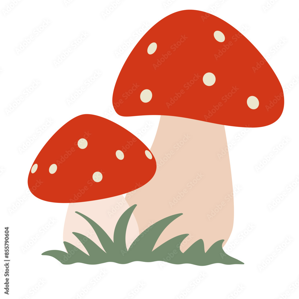 Isolated on a white background two fly agaric mushrooms with green grass. Flat vector illustration. Isolated on a white background two fly agaric mushrooms with green grass. Flat vector illustration.