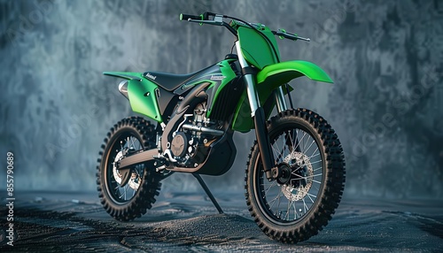 a side view of an offroad dirt bike, high suspension, green and black, on nice location or cool background photo