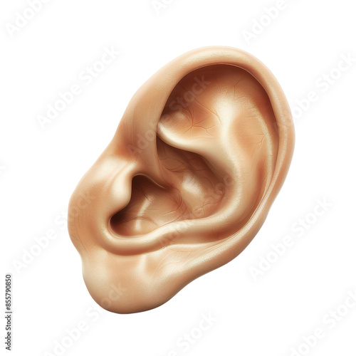 Close-up image of a human ear, detailed and isolated on a white background, showcasing the anatomy and structure. photo