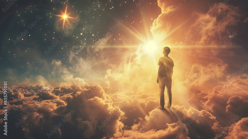 Fototapeta premium Praying young man against a cloudy sunny sky