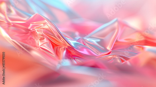 A fragmented icosahedron with a smooth, polished surface, each curved facet reflecting a distorted version of the vibrant pastel geometric pattern within. (realistic, cinematic, 8k) photo