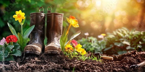 Rubber boots with spring flowers and gardening tools with grass growing through the soil. Concept of gardening, the coming of spring and the passing of winter photo