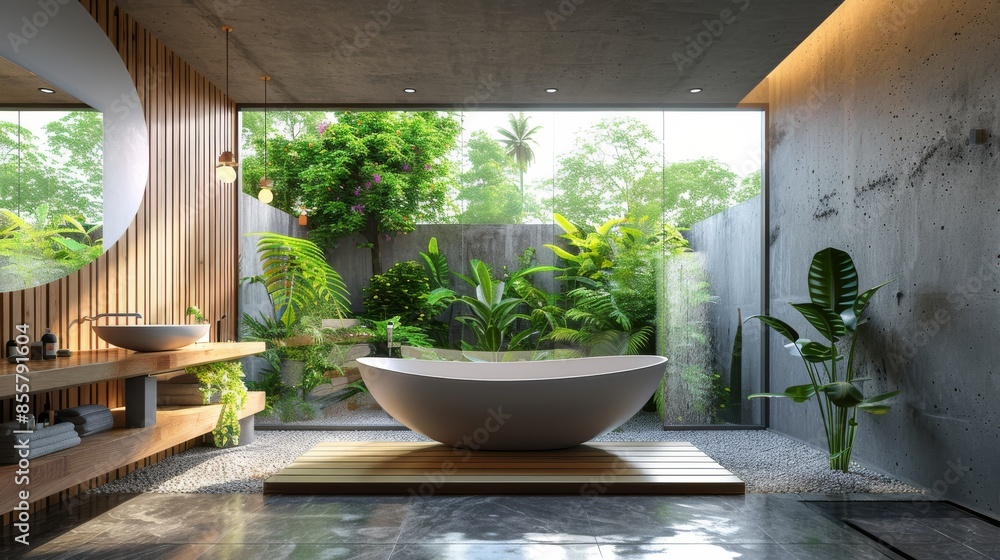 A modern bathroom with wooden floors, panoramic windows, and bold shapes with a brutalist aesthetic. A modern bathroom with wooden floors, panoramic windows, and bold shapes with a brutalist aesthetic.