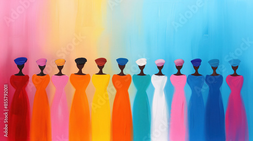 Row of twelve women in colorful dresses and headwraps, standing in a gradient background transitioning from pink to blue, symbolizing diversity and unity.