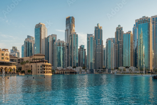 Canvas Print View of Dubai modern skyscrapers reflecting in the water of Burj Khalifa Lake du