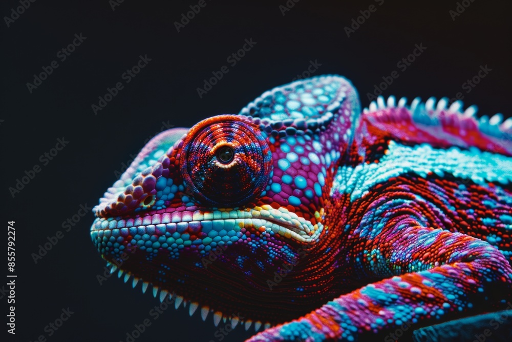 Vibrant close-up of a colorful chameleon on dark background Vibrant close-up of a colorful chameleon on dark background