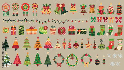 Festive Christmas decorations illustration set. Christmas trees, bells, stockings, string lights, ornaments, baubles, lanterns, snowflakes, gifts, ribbons and more. Hand drawn vector illustrations. photo
