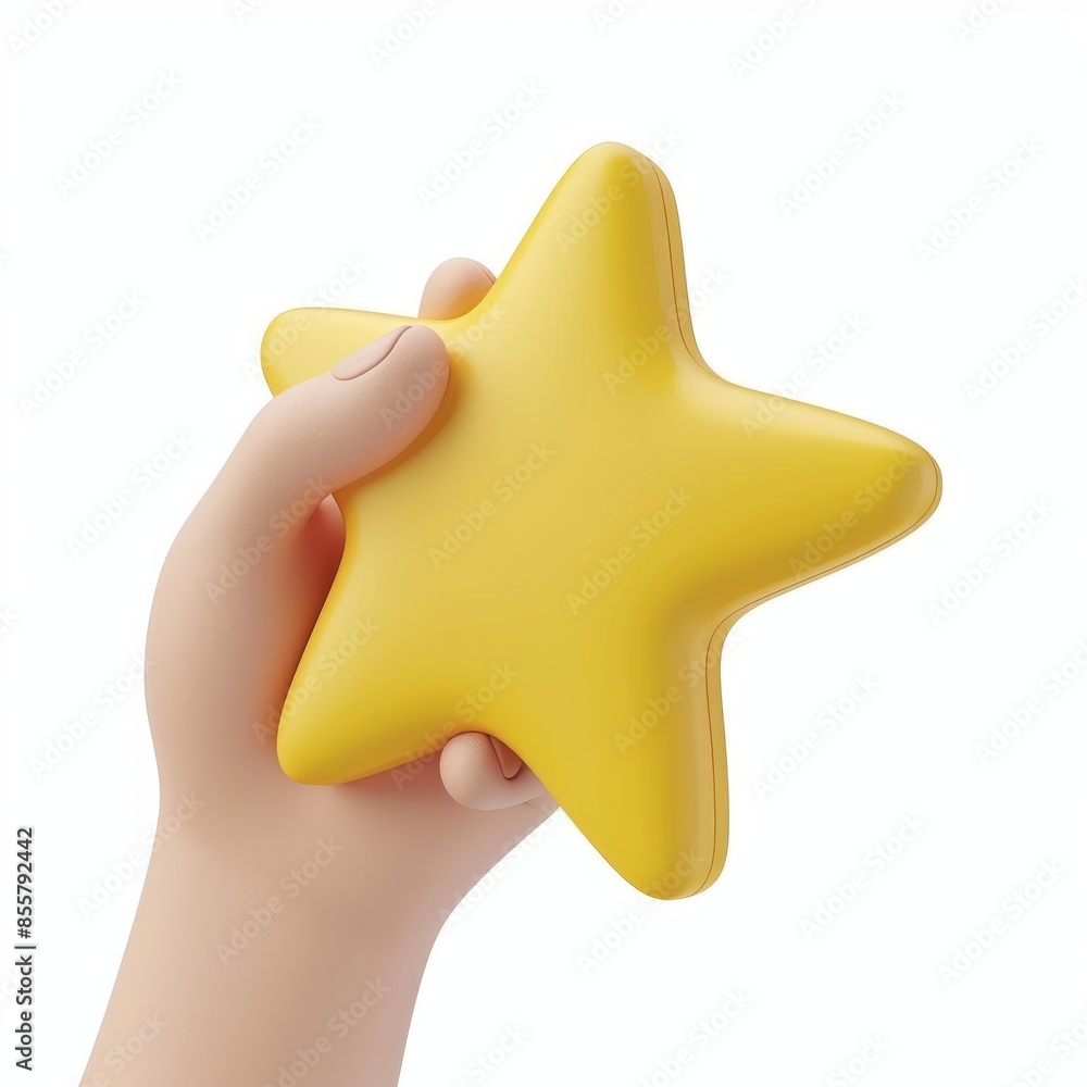 On a white background, a 3D modern illustration shows a customer satisfaction star with a hand icon On a white background, a 3D modern illustration shows a customer satisfaction star with a hand icon
