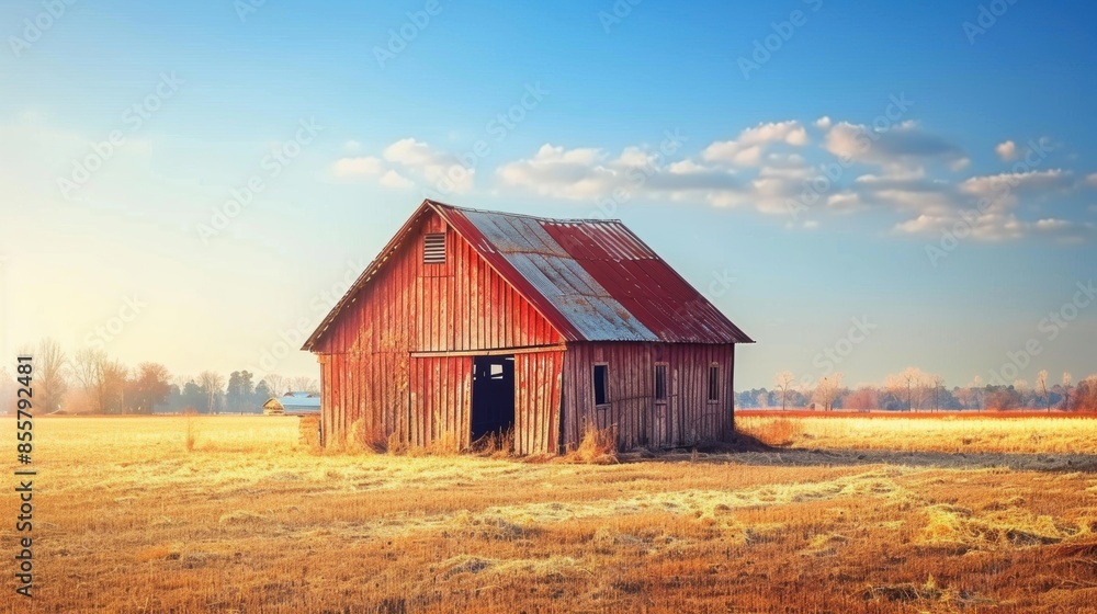 A weathered red barn stands alone on a vast open field under a clear blue sky, evoking rural charm and nostalgia. A weathered red barn stands alone on a vast open field under a clear blue sky, evoking rural charm and nostalgia.