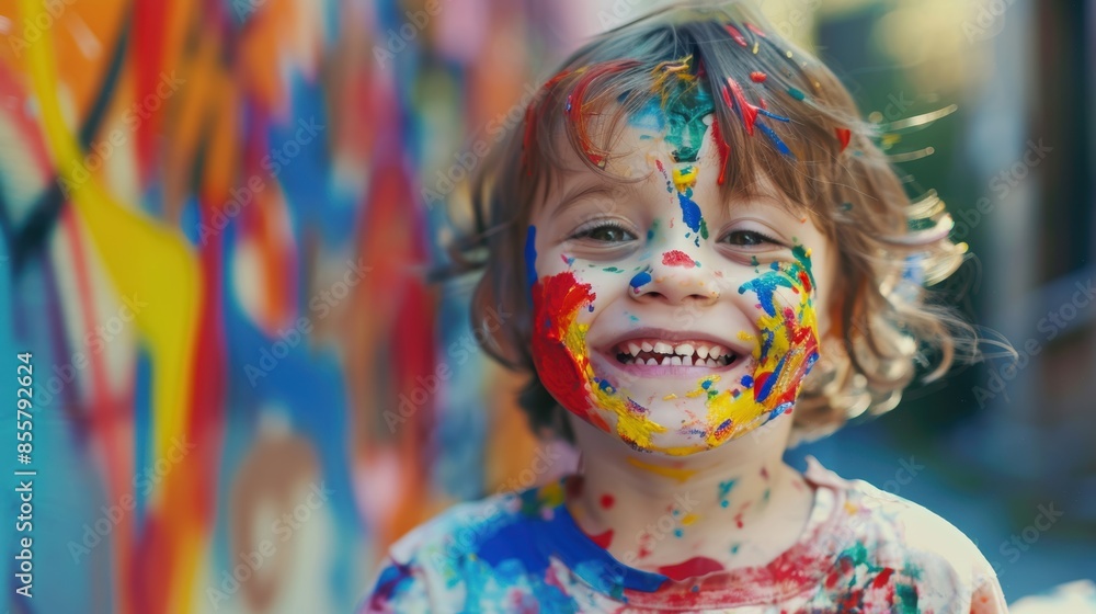 A joyful child with a face covered in vibrant paint, smiling broadly, embodying creativity and fun. A joyful child with a face covered in vibrant paint, smiling broadly, embodying creativity and fun.